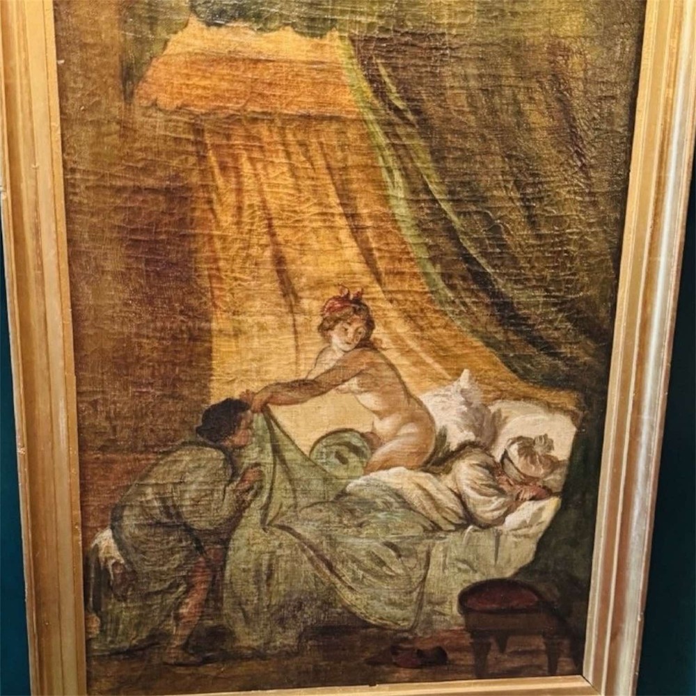 Antique Painting Oil Canvas Woman Frame Wood Nude Libertine Decor Art Rare Old