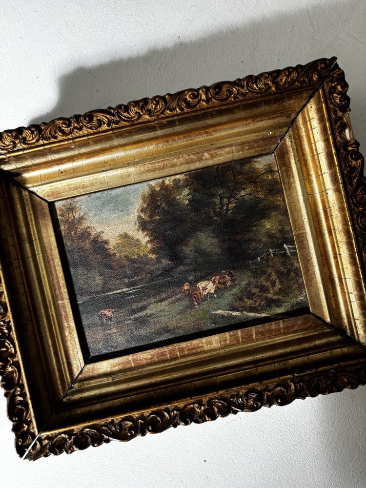 19th century oil on canvas Impressionist cows Antique Giltwood frame