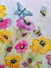 ACEO Flowers Bee Bumblebee Ladybugs Poppies Butterfly Garden Art COA OOAK