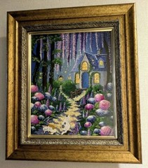 Original Cat Cottage Painting Fantasy House Wisteria Garden Acrylic Art OOAK