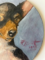 Vintage 1973 Signed Oil Painting Chihuahua / Miniature Pinscher Dog Portrait