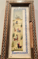 Vintage Persian Miniature Painting Traditional Hunting Scene In Persian Frame
