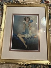 Art Deco Painting Of A Flapper Female Powdering Her Face. Oil On Canvas