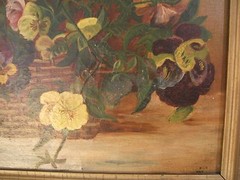 Antique Oil J. Fox 1923 Violet Floral Display Wood Gesso Frame 23 1/2″ x 23 1/2″