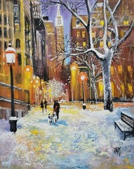 YARY DLUHOS New York City Street NYC Winter Snow Lights Original Oil Painting