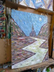THE CASTLE AWAITS fairytale oil painting 8×10 card Panel original by Crowell