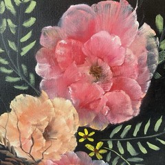 Vintage Acrylic Floral Painting Pink & Peach Roses On Black Background 29 X 14