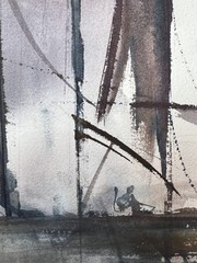 Waterscape with Sailboat-Charlotte Hoffman–Mid 20th C. Watercolor–NY Artist