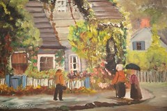 Beautiful Mid Century Impressionist Oil Painting Cottage Village Street Scene
