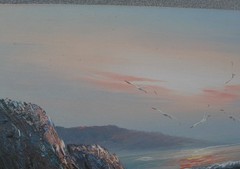 Seascape Shoreline Oil Painting Two Boats on Canvas 24×20 signed by H. Gailey