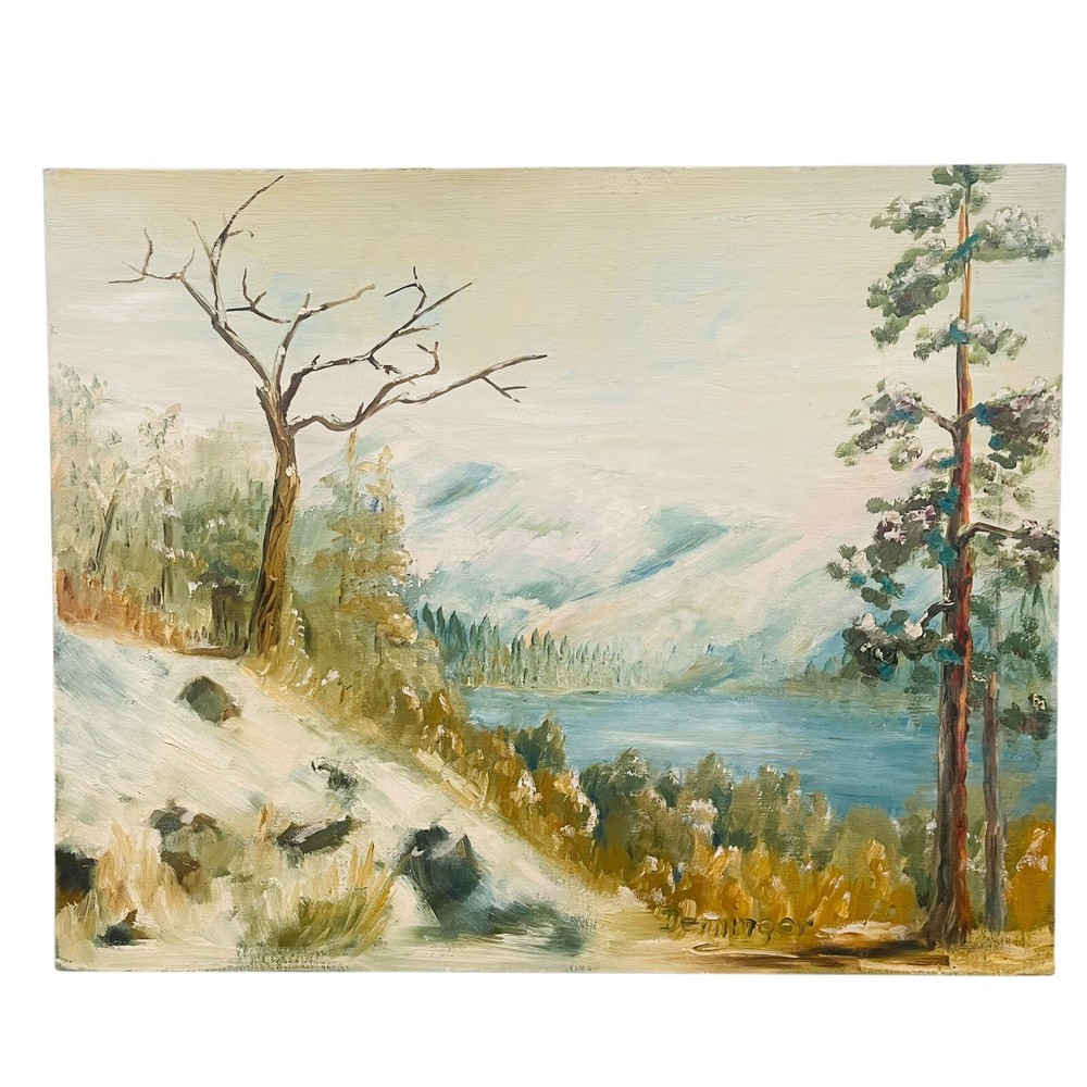 Oil Painting Wyoming Spring forest Lake mountains snow Signed Denninger 1966 Vtg