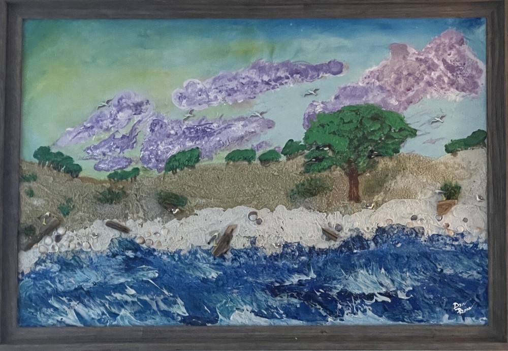 Beach Menagerie, Painting and Collage of a fantastical beachscape 