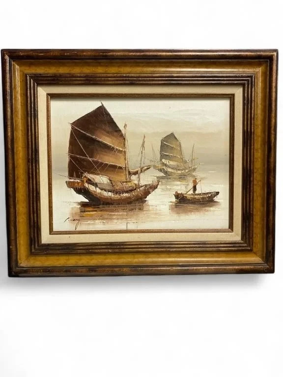 P. Wong signed oil on canvas Chinese fishing boats