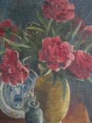 Still Life Peonies for Arranging Monogram 1943 Flower Vase Blossoms Oil