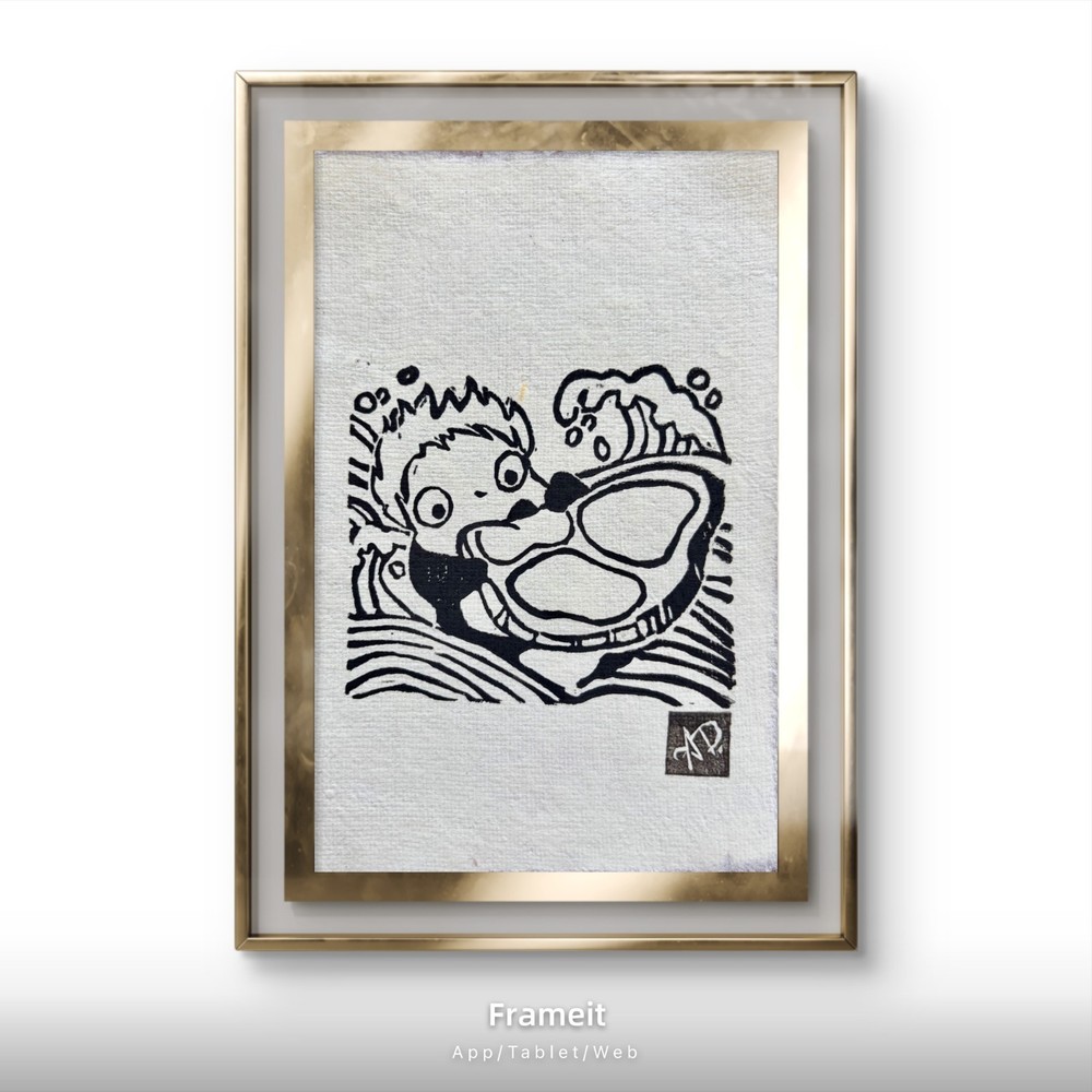 Original Ponyo 2 Linocut Hand Printed by Alannah Dyer- Mini Art 4×6 in. Ghibli
