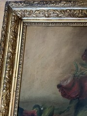 Antique 19c Victorian Roses Moody Still Life Painting On Canvas Gold Gesso Frame