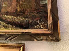 VINTAGE ORIGINAL PAINTING LANDSCAPE WATERMILL SCALLOPED WOOD FRAME Caravaggio