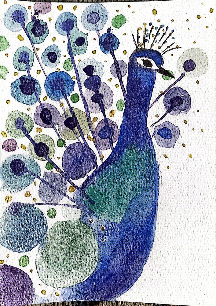 Peacock Vibrant Abstract Original Expressionist Watercolor 5×7 Painting Signed