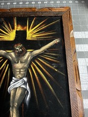 Vintage Framed Black Velvet Jesus Crucified Crucifixion Cross Painting 22” X 14”