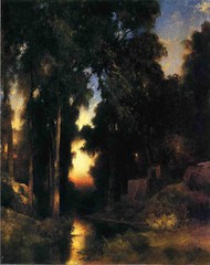 Oil painting Thomas Moran – Mission in Old Mexico forest landscape with creek