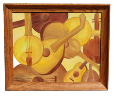 LOUIS WOLCHONOK New York Mid Century Modern Oil Painting of Musical Instruments