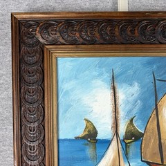Pair Vtg Haitian MCM Sailboat Oil Paintings Signed Jack 8×10 Carved Wood Frames