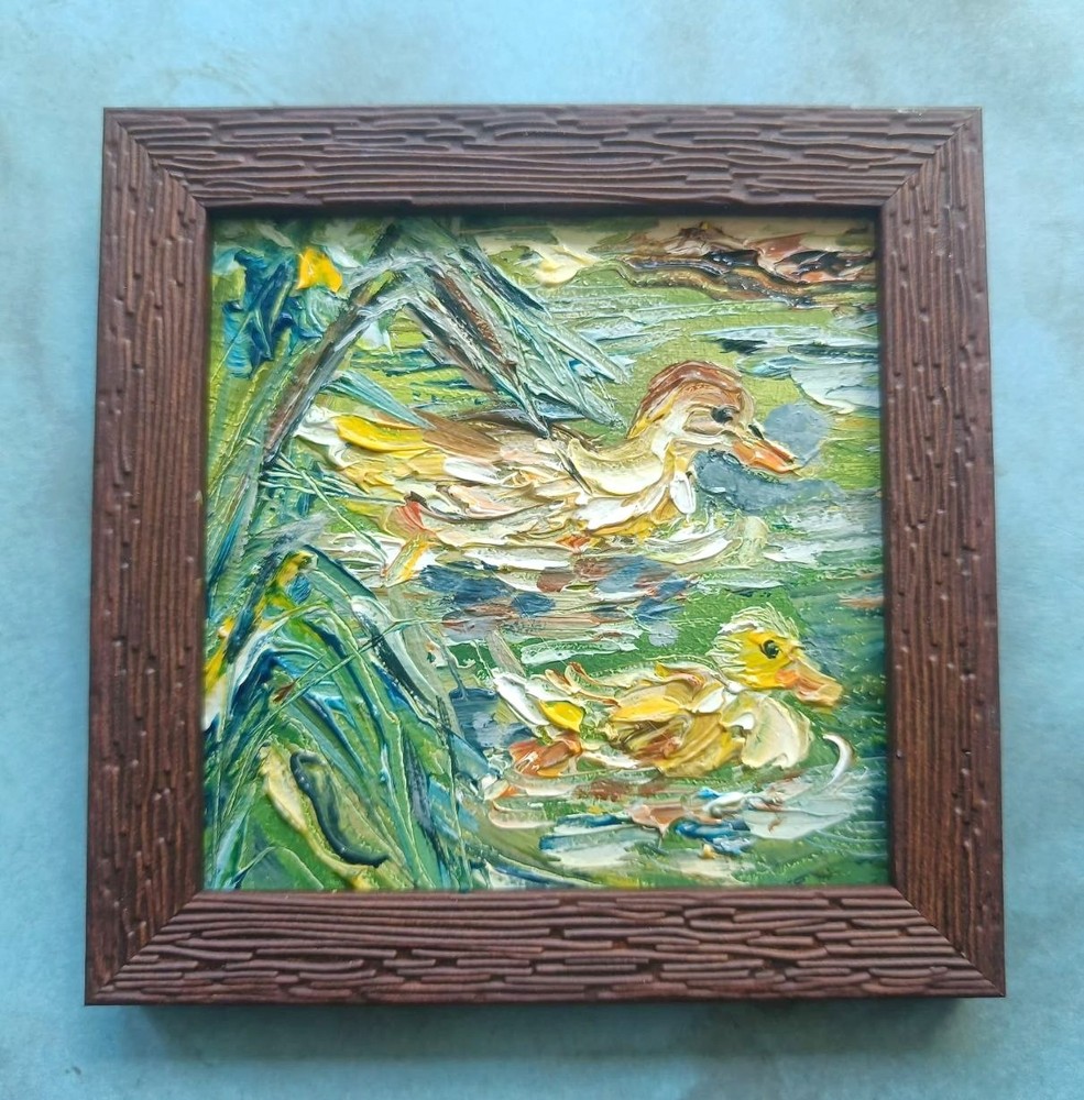 Original Oil Painting Duck Duckling Art Miniature Framed Art 4×4 in