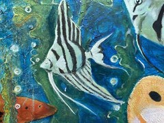 Vintage Original Oil Painting Assemblage Art Underwater Fish Sea Ocean Aquarium