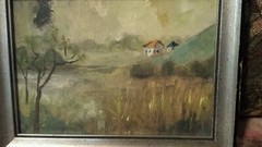 Minature“ painting 1950* homes in woods^ signed. . 8×6inch.in