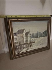 Mid-Century Impasto Palette Knife Harbor Cityscape Painting – Signed REVAN