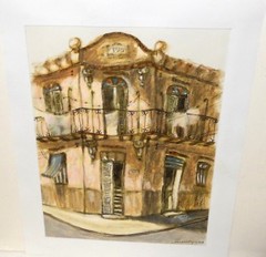RAMOS MI HABANA“ ORIGINAL WATERCOLOR CRAYON CUBAN BUILDING STREET SCENE PAINTING