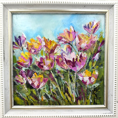 Original Oil Painting 6×6 in Framed Signed Wildflower Fields Impasto Home Art