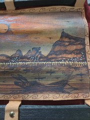 3 Brazilian Folk Art: Burlap Indigenous Portraits (2) & Mendes Pyrography(1)
