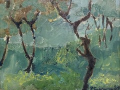 1964 MODERNIST EXPRESSIONIST LANDSCAPE OIL ON CANVAS PAINTING Signed MacPherson