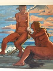 LARGE PAINTING BEACH WOMEN 1970’S VINTAGE MODERNIST PRETTY WOMAN COASTAL SUNSET