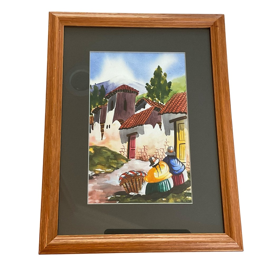 Latin America Village Painting Original Watercolor Signed Framed Colorful 12X15