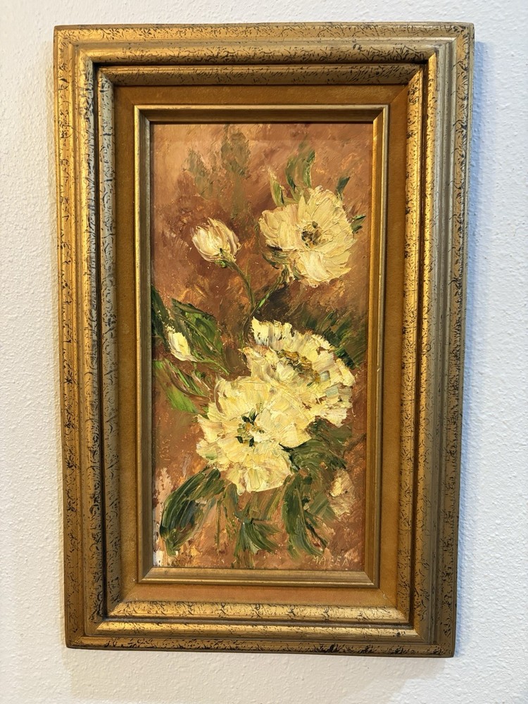 Vtg Yellow Flowers Green Leaves & Orange Oil Painting By Maeen 16×10”
