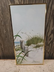 Oil On Canvas Painting Framed 24×12 Beach Scene Ocean Lake Sand Pylons (H231)