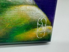 Sharon Davie Barrett Acrylic Painting of Tree on Wood Titled Pink Powder Puff