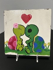 acrylic painting on wood turtles heart whimsical contemporary art small