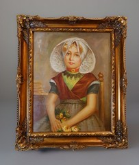 Oil Painting Portrait “Shy Dutch Girl” Signed By Van Dam – Beautifully Framed