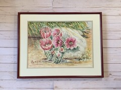 Vtg Watercolor Painting Cactus Bloom Floral Landscape Arizona Desert By Roy Roth