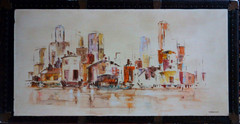 Cityscape Mid Century Modern by H Brunner • Oil Painting • 18×36 in