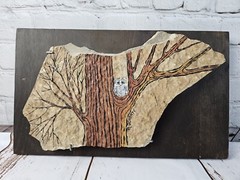 OOAK Hand Painted Owl in a Tree Wall Art Mounted Slate Rock 15 x 9 B Doherty