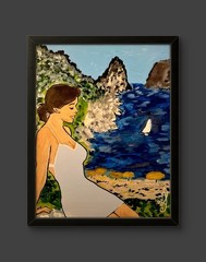 Original Contemporary Figurative 11×14” “Italian Lakeside” Canvas Decor Art COA