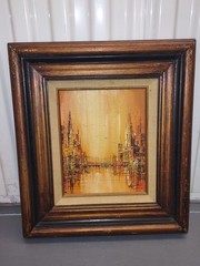 Signed Framed Original Wood Painting Abstract Italy Cityscape Bridge Scene