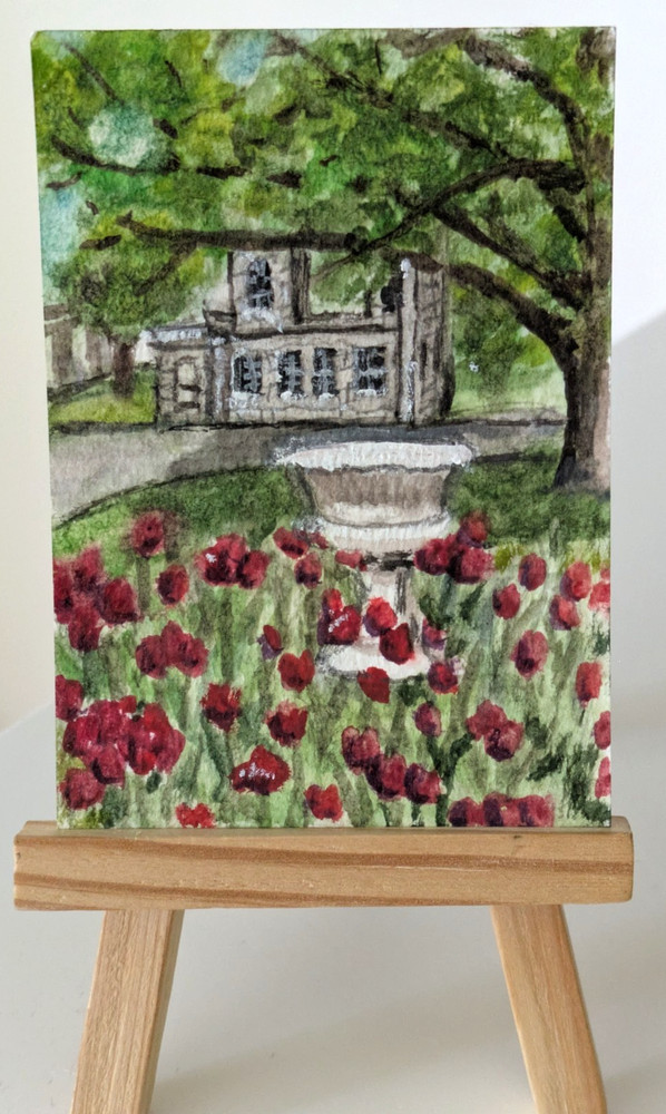 Aviary Sonnenberg Gardens New York red tulips mini watercolor ACEO landscape art