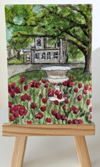 Aviary Sonnenberg Gardens New York red tulips mini watercolor ACEO landscape art