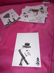 Original art card, ACEO, dorisann1022, markers, Snowman. Winter. Tree. Pen