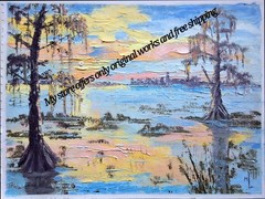 Original Oil Painting Sunset Louisiana Swamp Landscape Cypreses Artwork 8x11in